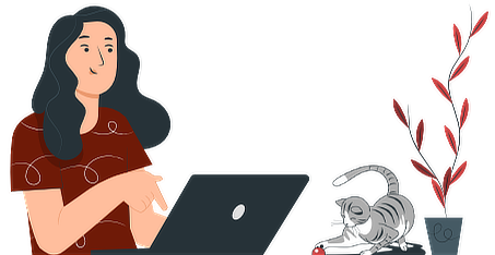 women working, cat playing